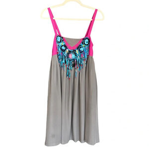Lauren Moffatt Silk Boho Beaded Babydoll Mini Dress Grey Pink 2 Anthropologie